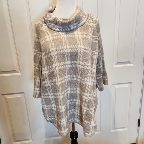 LOFT Sweaters - Loft outlet cowlneck poncho sweater cotton rayon blend plaid oversized tan cream